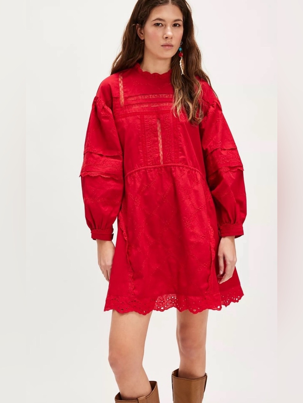 DAMSON MADDER Clancy Mini Dress in Red Eyelet Lace Long Sleeve Mini UK 12 US 8